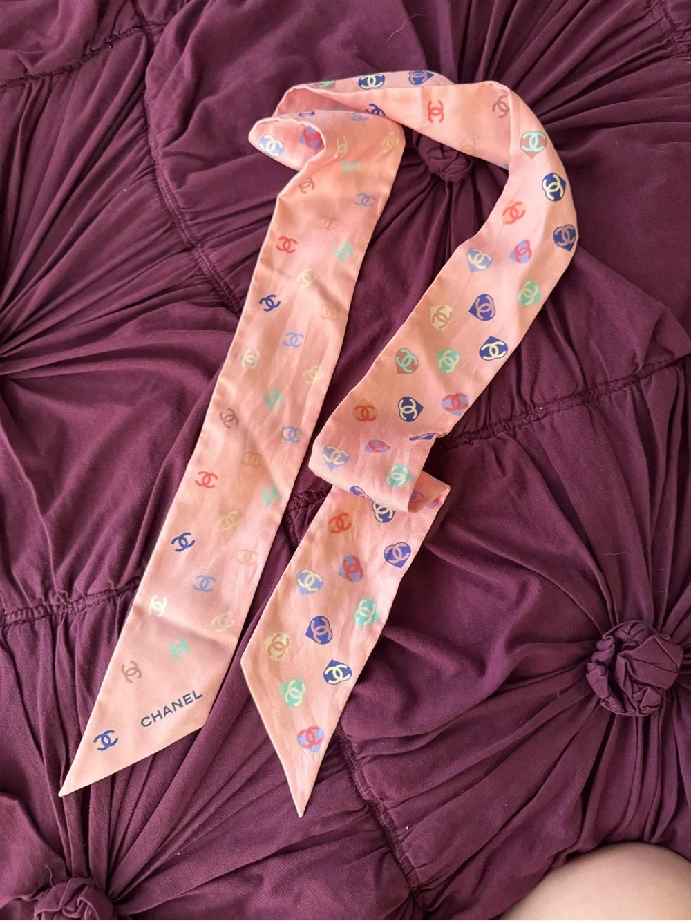CHANEL Pink Multicolor Logo Silk Twilly Scarf